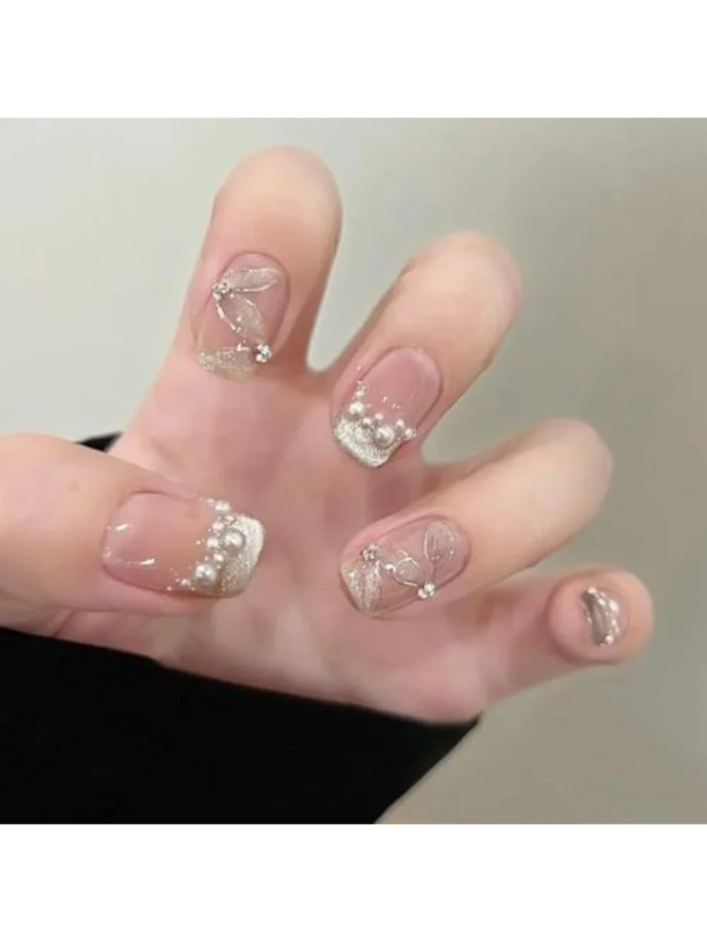 Short Square Press-On Nails with Cat Eye Design, Glitter Ombre French Tips - 10